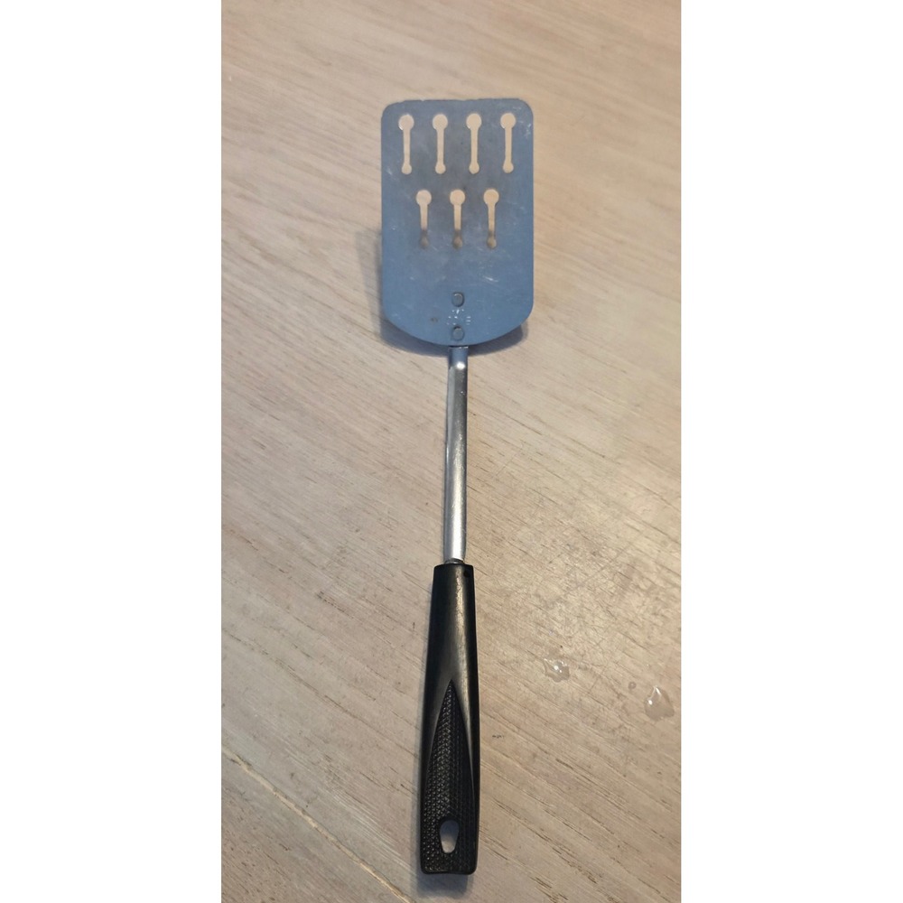 Vintage EKCO USA Slotted Spatula Stainless Steel Black Handle Keyhole Slots